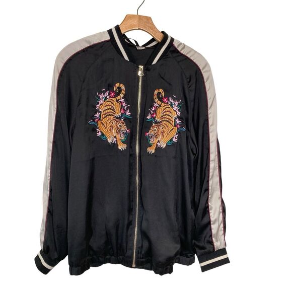 H&M Divided Size 8 Embroidered Tiger Baseball Bomber Jacket Black White Striped - Picture 1 of 13
